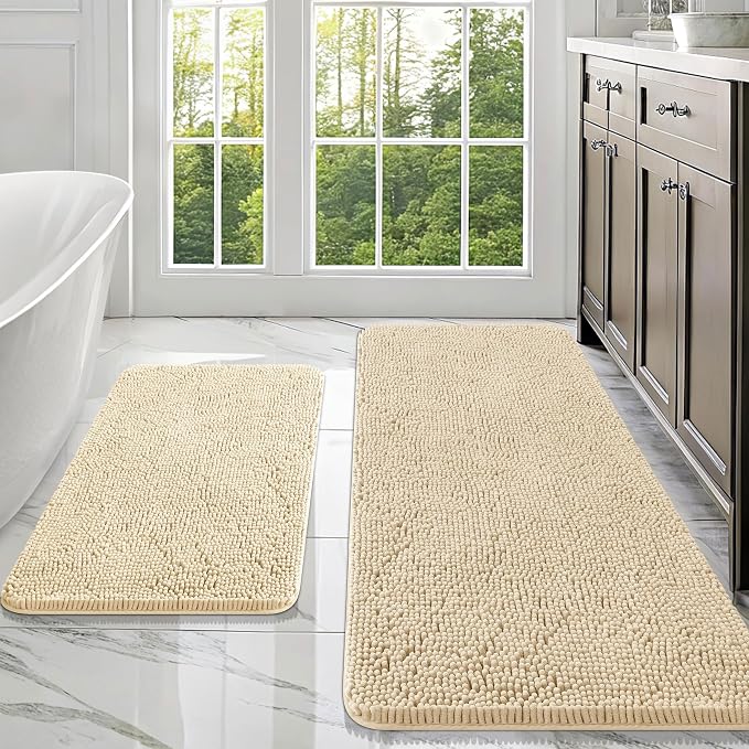 OLANLY Chenille Bathroom Rugs Mats Sets 2 Piece, 47"x20"+30"x20", Beige | Ultra Soft Absorbent Bath Rugs Set, Rubber Backing Non-Slip, Quick Dry, Machine Washable Bath Carpet, Home Decor Accessories