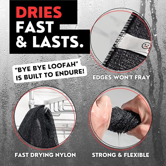 Extra Rough Exfoliating Washcloth, Extreme Body & Back Scrubber for Shower | Extra Long, Hygienic Exfoliator Wash Cloth, Men or Women, 2 Count Pack, 1 Black & 1 Grey Color, Bye Bye Loofah