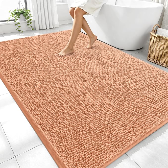 OLANLY Large Bathroom Rugs 70x46, Extra Soft Absorbent Chenille Bath Rugs | Peach, Quick-Drying Rubber Backing, Machine Washable Bath Mat for Bathroom Floor, Tub and Shower, Home Decor Accessories