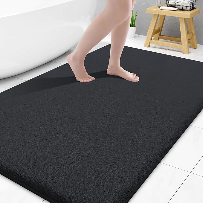Smiry Memory Foam Bath Mat 45x27, Extra Soft and Absorbent Bathroom Rugs | Black, Quick Dry Machine Washable Non-Slip Bath Mat for Bathroom Floor, Shower and Tub