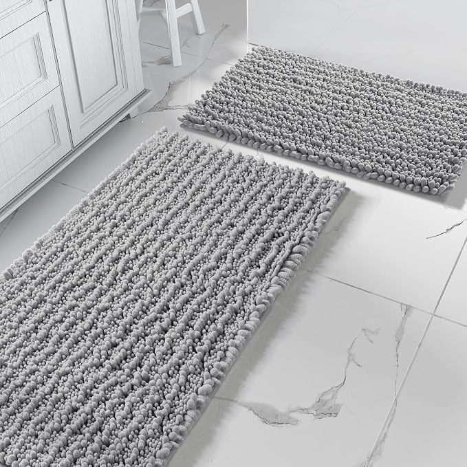 Yimobra Gray Bathroom Rugs Sets 2 Piece - Luxury Chenille Shaggy Bath Mat, Super Absorbent & Non Slip & Quick Dry, Soft Thick Bathroom Carpet for Tub Shower Floor, Machine Washable, 44x24+24x17 Inch