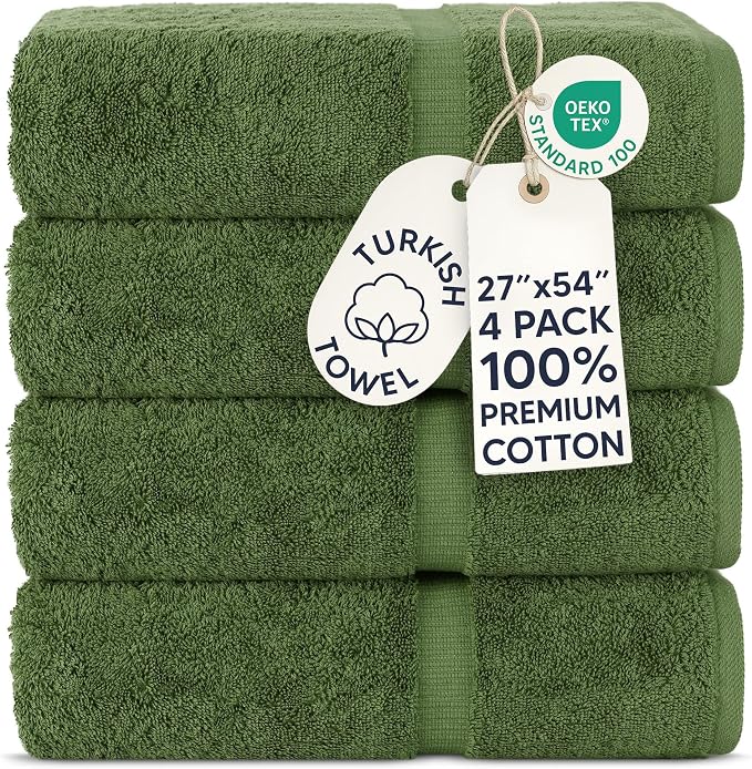 Chakir Turkish Linens 100% Cotton 4-Pack Bath Towels 27x54, Moss | 100% cotton bath towels, set of 4 at 27x54, OEKO-TEX certified, soft plush and absorbent