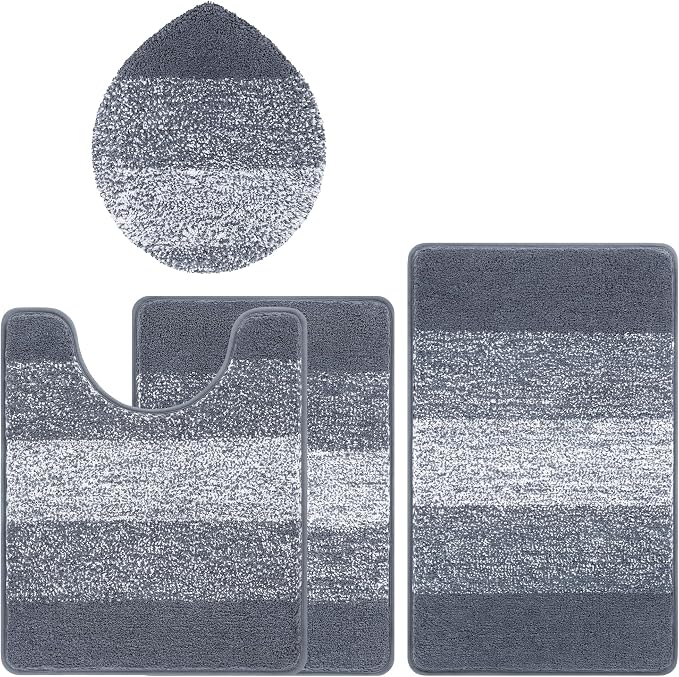 Bsmathom Bathroom Rug Set 4 Piece, Plush Microfiber Bath Mat, Dark Grey | Super Water Absorbent, Non Slip Machine Washable Bath Rug Sets with Toilet Lid Cover and U-shaped Contour Toilet Mat