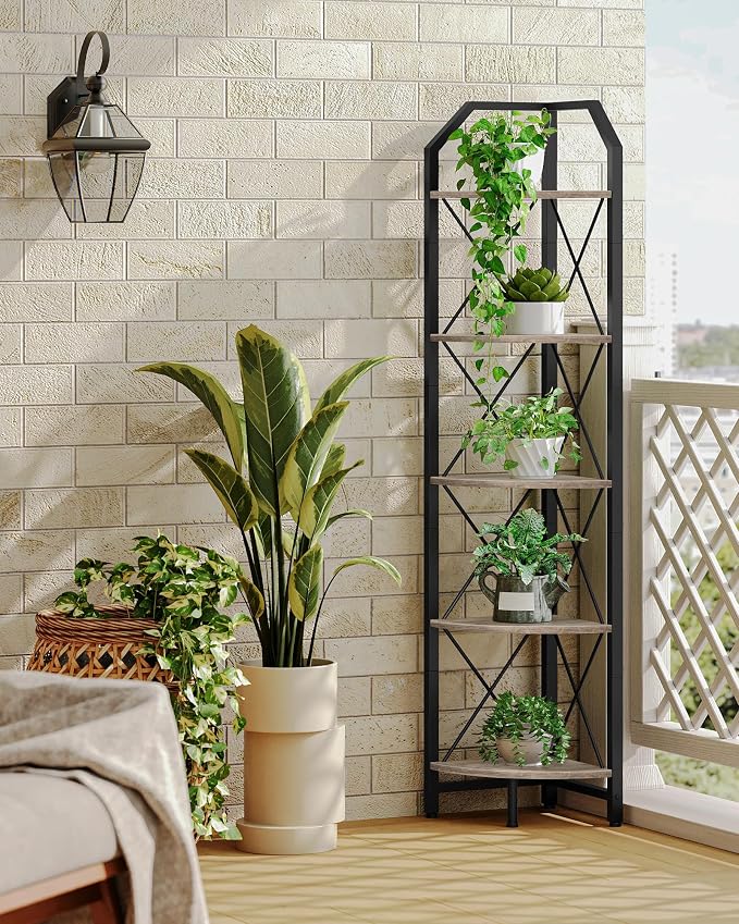 CHOEZON 5-Tier Corner Shelf, Industrial Corner Bookshelf, 59.4" Corner Storage Stand, Plant Stand Display Shelf, Corner Bookcase for Bedroom, Living Room, Home Office, Greige and Black TCJ10BG