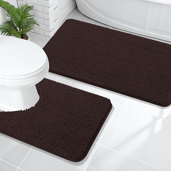 OLANLY Chenille Bathroom Rugs Mats Sets 2 Piece, 47"x20"+24"x20", Brown | Soft Absorbent Bath Mat and U-Shaped Contour Toilet Rug Set, Quick Dry, Machine Washable Bath Carpet, Home Decor Accessories