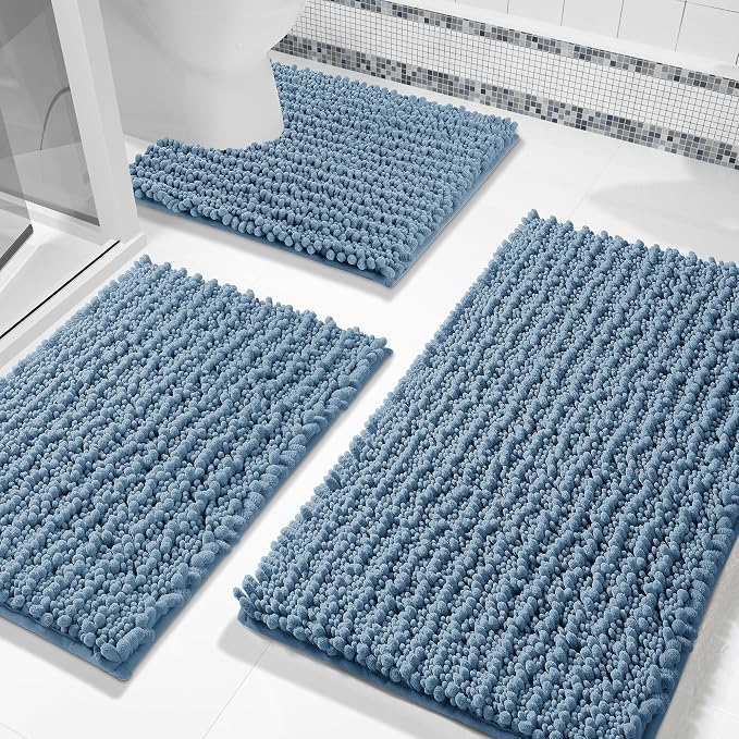 Yimobra Bathroom Rug Set 3 Piece, Super Absorbent Bath Mat Set, Denim Blue | Quick Dry Soft Chenille Bath Rugs & Toilet Rug, Non Slip Machine Washable, Extra Thick Shaggy Floor Mat for Shower Tub Sink