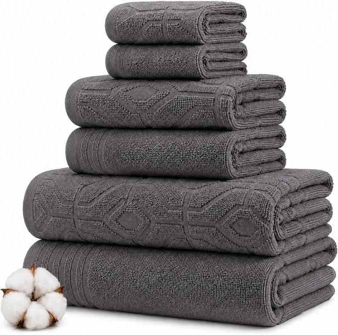 Modern Threads 6 Piece Cotton Bath Towel Set – Ultra Soft 550 GSM Towels – Bathroom Set with Hand Towels and Washcloths – Geometric (Charcoal)