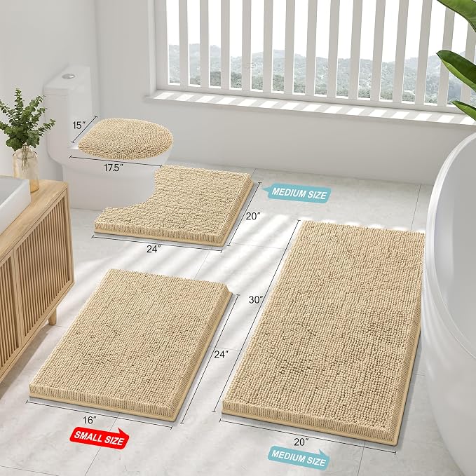 Smiry Chenille Bathroom Rugs Sets 2 Piece (47x17+24x16, Beige) | Soft Absorbent Machine Washable Non Slip Shaggy Bath Rug Set for Tub, Shower, and Floor, Home Decor