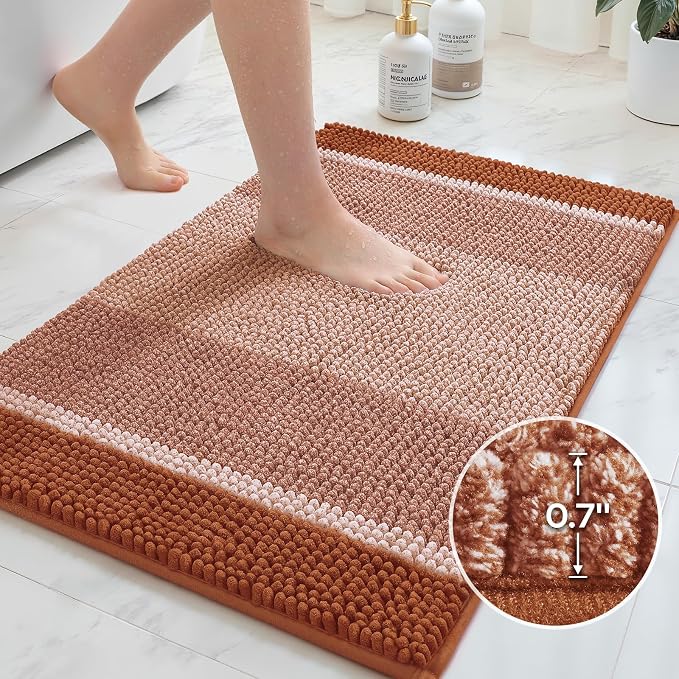 HOMEIDEAS Burnt Orange Bathroom Rugs Set, Chenille, 20"x32"+17"x24" | Non Slip Absorbent Bath Mats, Fluffy Striped Chenille Soft Shaggy Bath Rugs for Bathroom Floor and Tub, Machine Washable
