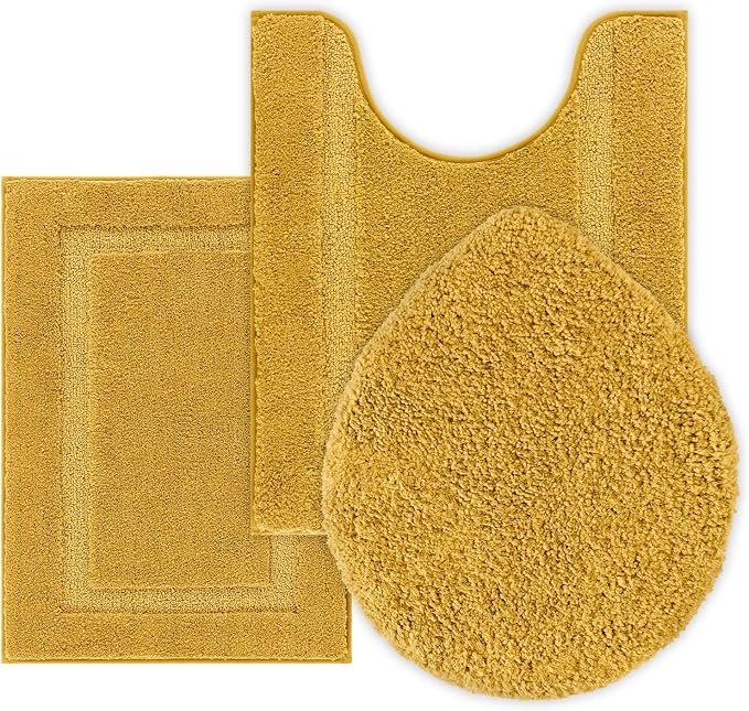 SHACOS 3 Pieces Bathroom Rugs with Toilet Lid Cover, Honey Mustard | Soft Absorbent, Non Slip, Washable, Microfiber, 16"x24"+U-Shape 20"x24"+Lid Cover19"x21"