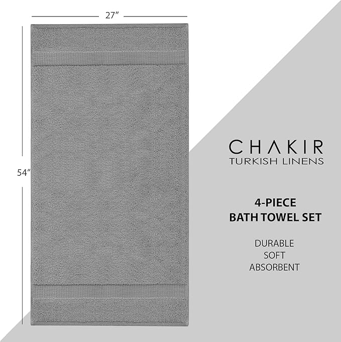 Chakir Turkish Linens 100% Cotton 4-Pack Bath Towels 27x54, Gray | 100% cotton bath towels, set of 4 at 27x54, OEKO-TEX certified, soft plush and absorbent