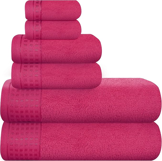 GLAMBURG 100% Cotton Ultra Soft 6 Pack Towel Set, Contains 2 Bath Towels 28x55 Inches, 2 Hand Towels 16x24 Inches & 2 Wash Coths 12x12 Inches, Compact Absorbent Lightweight & Quickdry - Hot Pink