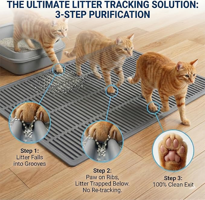 Heavy-Duty Cat Litter Mat: 10,000 Scratch Motions Tested | XL Extra-Thick Silicone Mat - No Holes for 3 Years