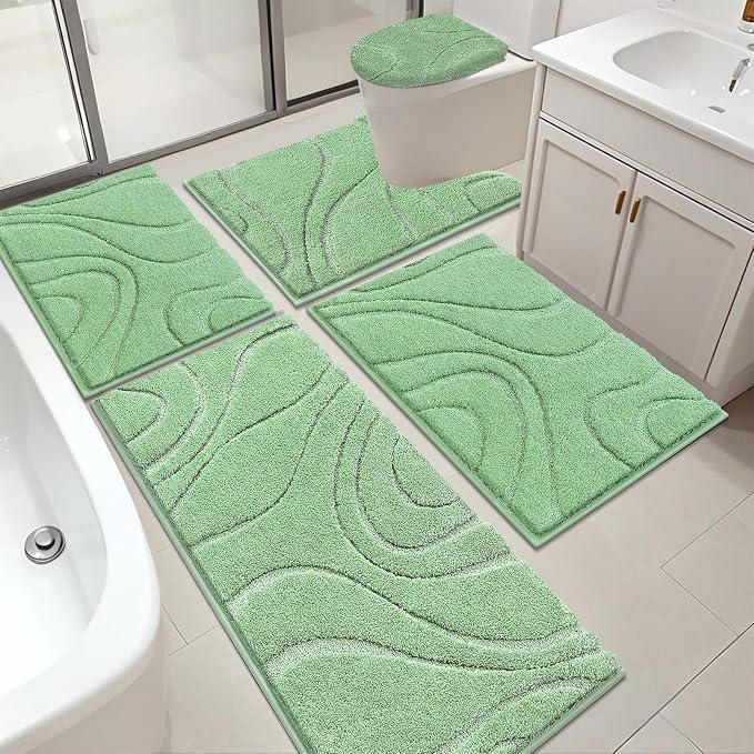 HEBE Bathroom Rugs Sets 5 Piece, Non Slip Washable Absorbent Bath Mat Set | Super Soft Plush Microfiber Bathroom Mats with Runner Set, Solid Bathmat with U-Shaped Toilet Rug Cover Set for Tub, Shower