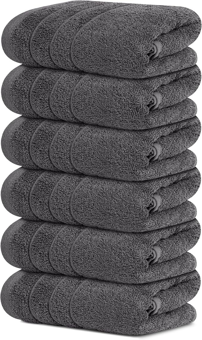 6 Piece Hand Towels Set 16 x 28 Inches, Dark Grey | 100% Cotton, Lighter Weight, Quick to Dry, 16 x 28 Inches, Super Soft & Absorbent, Perfect for Bathroom & Kitchen