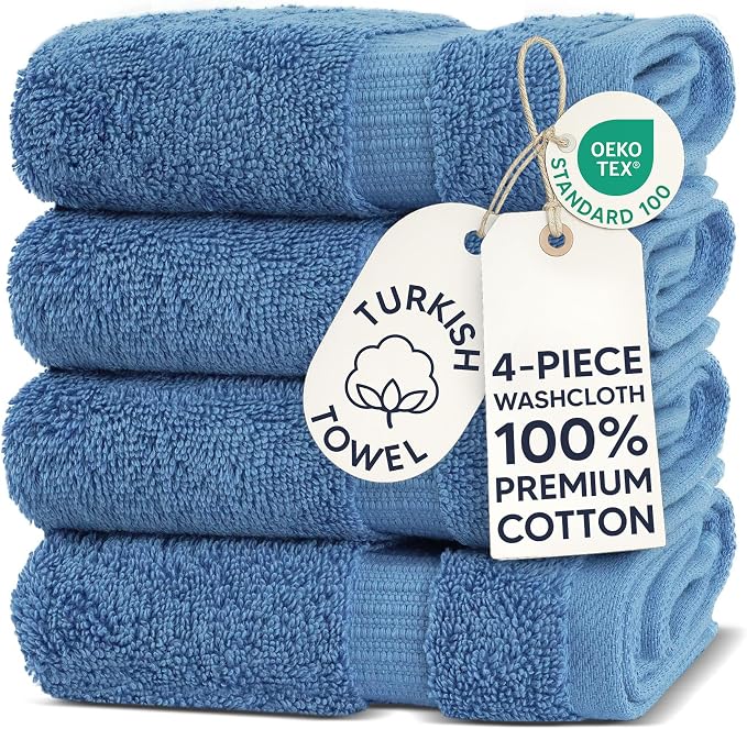 Chakir Turkish Linens 100% Cotton 4-Pack Washcloths 13x13, Wedgewood | 100% cotton washcloths, 4-pack 13x13, OEKO-TEX certified, soft absorbent face towels
