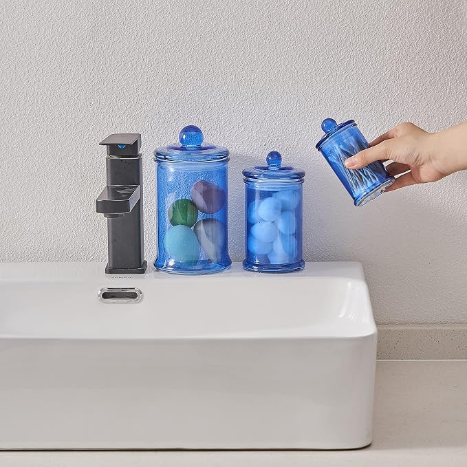 3PCs Set Small Glass Premium Quality Apothecary Jars with lids Bathroom Accessories Set for Laundry Room Storage Kitchen/Vanity Organizer Canisters for Cotton Balls, Sponges,Q-Tips(Blue jar)