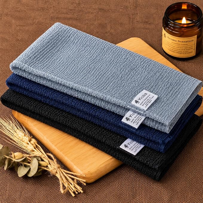 Exfoliating Washcloth Towel- Exfoliating Body Scrubber Exfoliator, Back Scrubber for Shower Bath, Exfoliate Rags Wash Cloths, Loofah Lufa Sponge, Silver Grey + Black + Deep Indigo