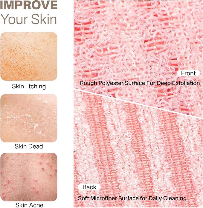 Dual-Textured Exfoliating Washcloth Towel - Back Scrubber for Use in Shower Bath, Exfoliating Body Scrubber Exfoliator, Japanese Exfoliate Loofah Lufa Sponge Wash Cloth for Women Men