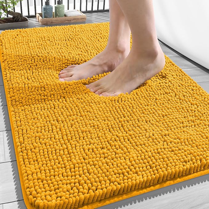 OLANLY Bathroom Rugs 34x21, Extra Soft Absorbent Chenille Bath Rugs | Golden Yellow, Quick-Drying Rubber Backing, Washable Bath Mat for Bathroom Floor, Tub and Shower, Home Decor Accessories
