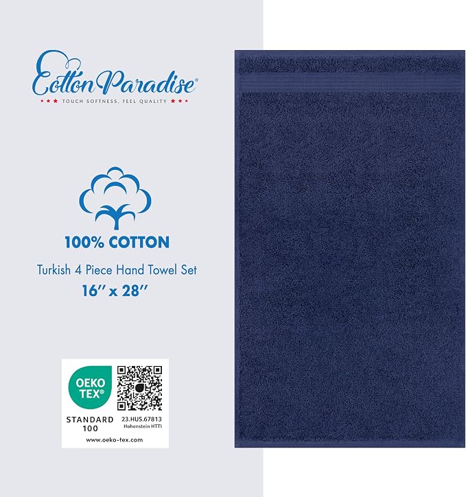 Cotton Paradise Hand Towels for Bathroom, 100% Cotton Turkish 4 Piece Hand Towel Set, Soft Absorbent Face Towels, Navy Blue Hand Towels