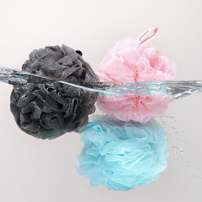 EcoTools EcoPouf 3 Pack Bath Sponge Set, Shower Poufs | Gentle exfoliation daily, shower puff sponges for body, loofah pack, recycled netting, rich lather