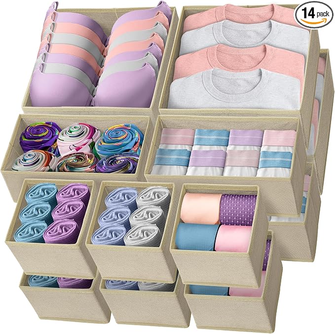 Reli. Drawer Organizers (14 Pack) | Storage Dividers, Dresser Dividers & Organization Bins for Clothes, Baby Nursery | Foldable Fabric Drawer Containers for Bras, Socks, Underwear (Beige)