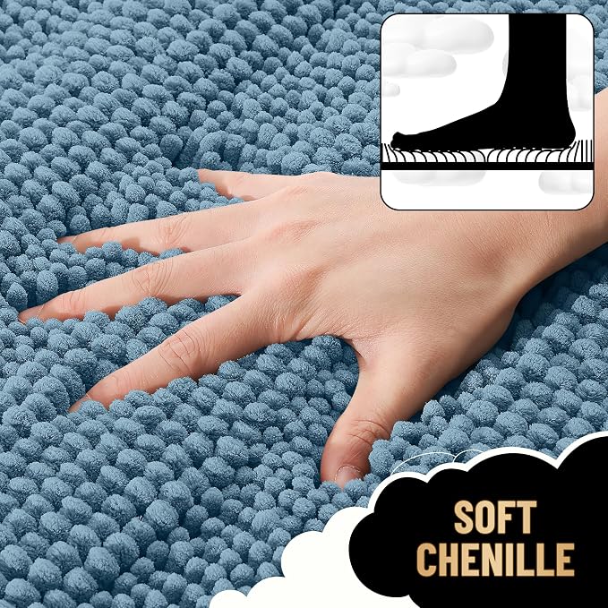 OLANLY Thick Chenille Bathroom Rugs Sets 3 Piece, 30"x20"+24"x16"+24"x20" | Airy Blue, Absorbent Bath Mats and U-Shaped Contour Toilet Rug, Home Decor Accessories, Bath Mat Set for Bathroom