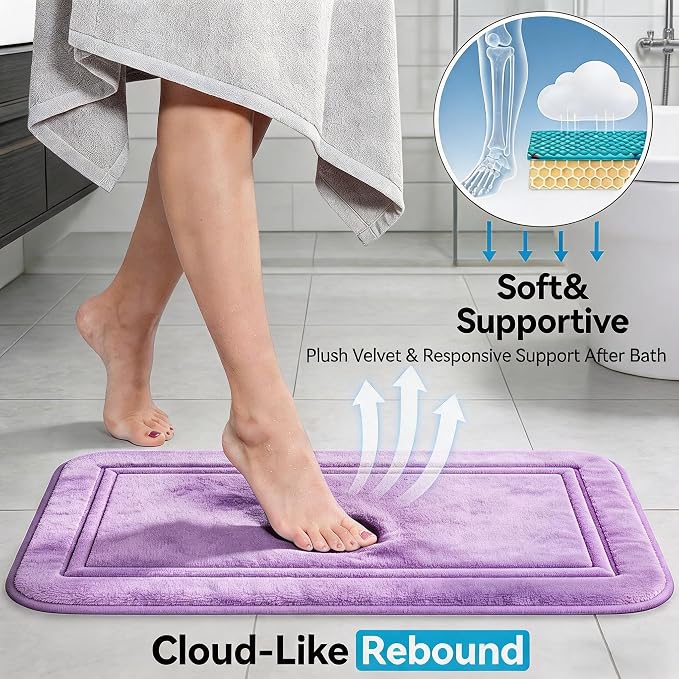 3 Piece Bath Rug Set Memory Foam Non-Slip, Bordered Toilet Rug, Lavender | Spa & Relaxing Decor — Soft Lavender bath mats, absorbent and washable, with a U-shaped toilet mat.