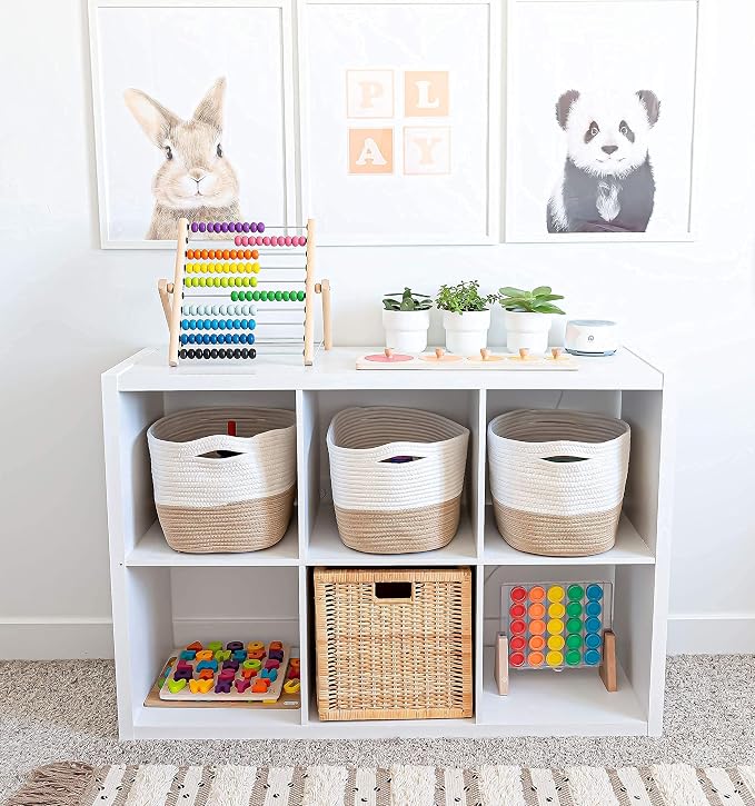 Honey Cotton Rope Baskets for Shelves, Set of 3 - 15"×10"×9½" - Woven Storage Baskets for Organizing - Closet, Nursery, Bedroom, Playroom - Toys, Books, Towels, Clothes
