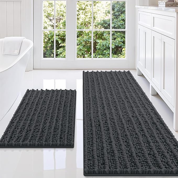 Smiry Bathroom Rugs Sets 2 Piece (47x20+30x20), Extra Soft Bath Mats | Dark Grey Soft Absorbent, Rubber Backing Machine Washable Quick Dry Chenille Bath Rug Set for Tub, Shower, and Floor
