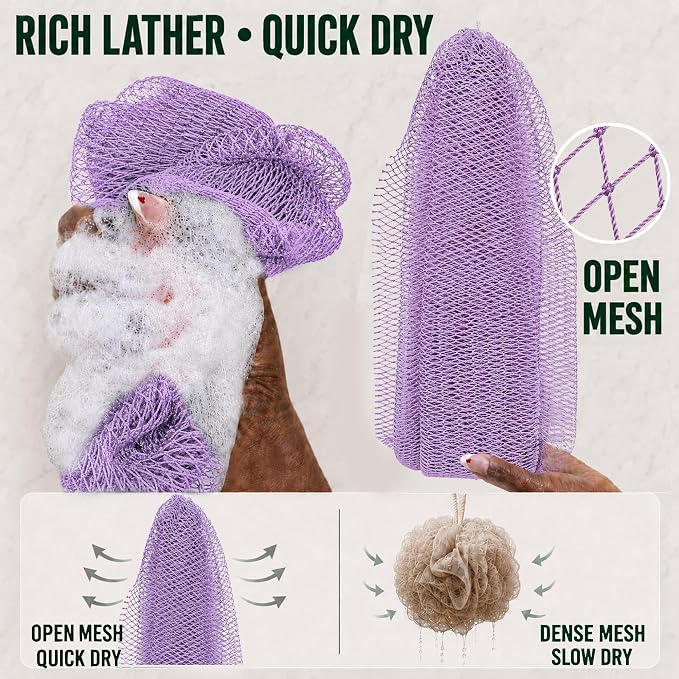 Authentic African Net Sponge,2 Pack 45-In Exfoliating Bath Sponge and Shower Loofah for Body and Back,Colorfast Quick-Dry Knotted Mesh Scrubber with Travel Pouch (Blush Pink&Lavender Purple)