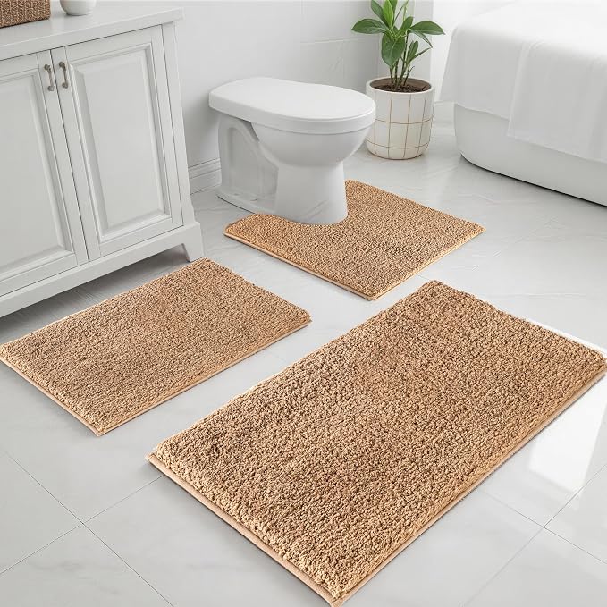 Bathroom Rugs Sets 3 Piece Non Slip Washable Bath Mat Set | Microfiber bath rug set with toilet mats for bathroom , Soft Absorbent toilet rug set TPR Rubber Backed bathroom floor mat