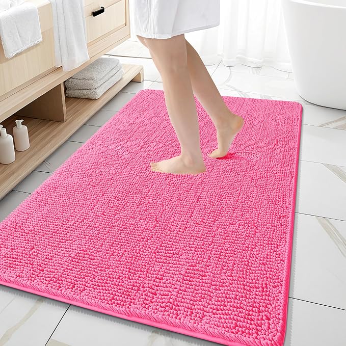 OLANLY Large Bathroom Rugs 59x35, Extra Soft Absorbent Chenille Bath Rugs | Hot Pink, Quick-Drying Rubber Backing, Machine Washable Bath Mat for Bathroom Floor, Tub and Shower, Home Decor Accessories