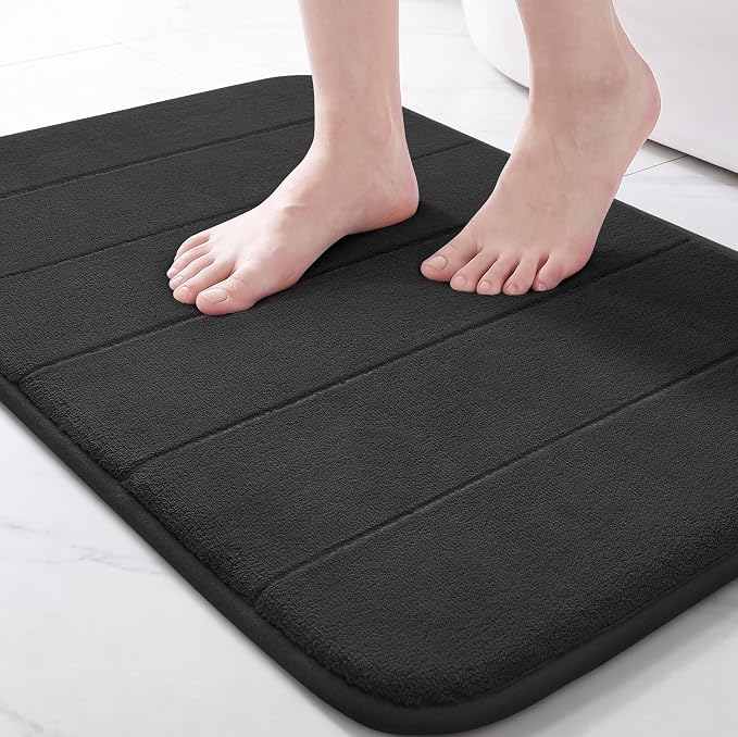 Yimobra Memory Foam Bath Mat, Soft Absorbent Bathroom Rug, 24x17, Black | Non Slip Backing, Quick Dry, Machine Washable Bath Rug for Tub & Shower Areas, Durable Design That Complements Bathroom Decor