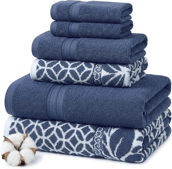 Modern Threads 6 Piece Bath Towel Set – Bathroom Set with 2 Bath Towels, 2 Hand Towels, and 2 Wash Cloths – 100% Cotton, Super Absorbent & Extra Soft – Reversible Botanical Vine (Navy)