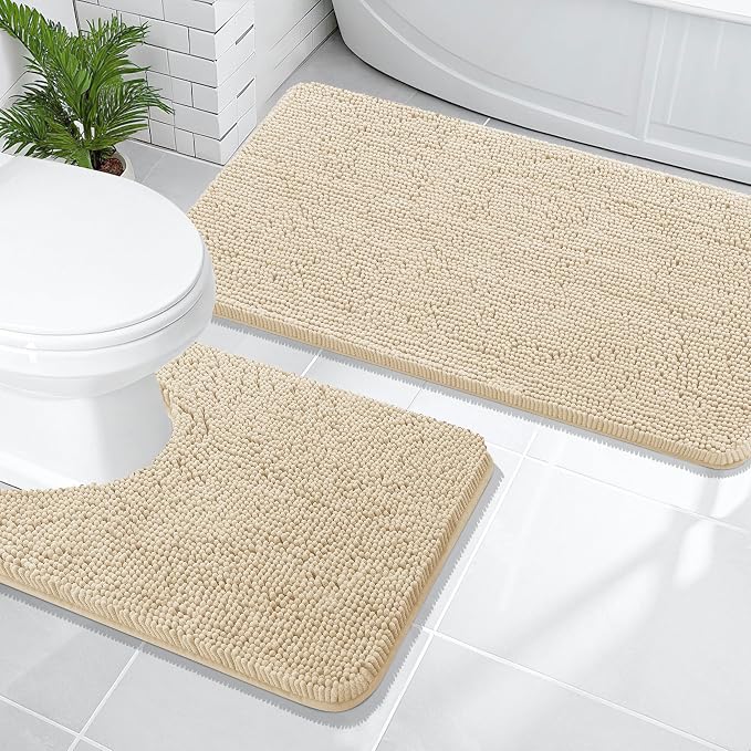 OLANLY Chenille Bathroom Rugs Mats Sets 2 Piece, 47"x20"+24"x20", Beige | Soft Absorbent Bath Mat and U-Shaped Contour Toilet Rug Set, Quick Dry, Machine Washable Bath Carpet, Home Decor Accessories