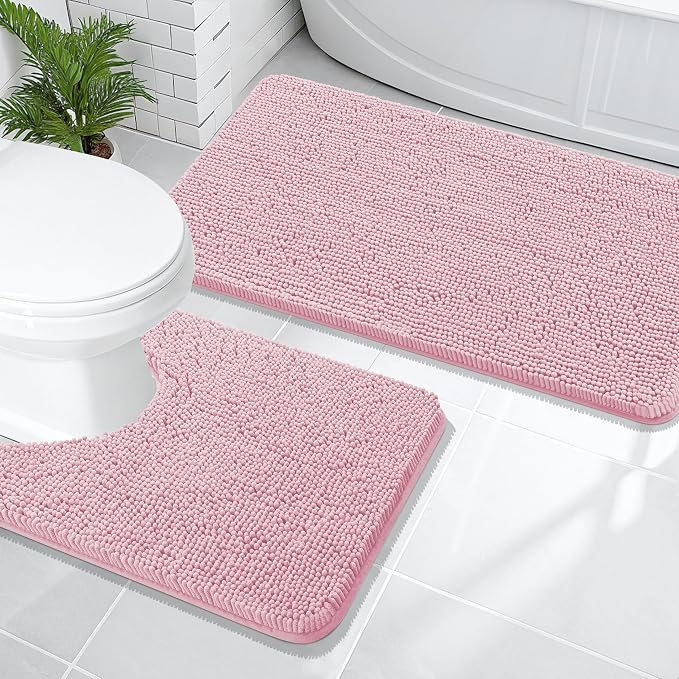 OLANLY Chenille Bathroom Rugs Mats Set 2 Piece, 47"x20"+24"x20", Dusty Rose | Soft Absorbent Bath Mat and U-Shaped Contour Toilet Rug Set, Quick Dry, Machine Washable Bath Carpet, Home Decor Accessories