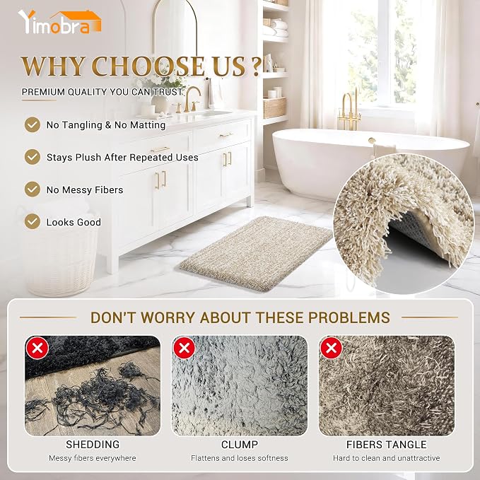 Yimobra Bath Rugs for Bathroom 32X20, Ultra Soft and Water Absorbent Bath Mats, Non Slip Plush Shower Mat Outside, Microfiber Mats for Bathroom Floor/Tub, Machine Washable, Light Beige and White