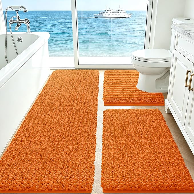 ACCUMTEK Upgrade Extra Large Orange Bathroom Rug Set 3 Pieces Ultra Soft, Thick Absorbent Bath Mats, Non Slip Chenille Toilet Mat for Bathroom, Bedroom, Kitchen