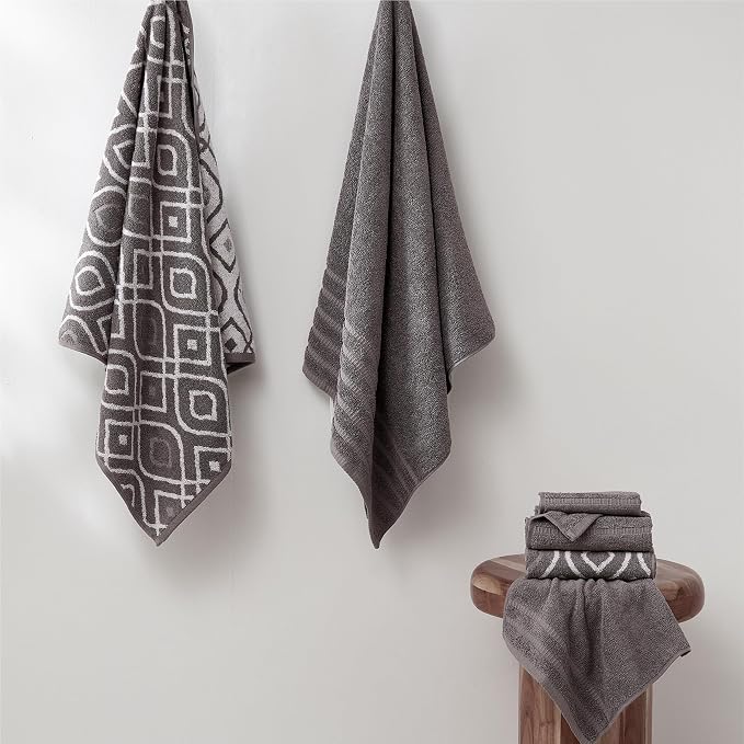 Modern Threads 6 Piece Bath Towel Set – Bathroom Set with 2 Bath Towels, 2 Hand Towels, and 2 Wash Cloths – 100% Cotton, Super Absorbent & Extra Soft – Reversible Classic Diamond (Gray)