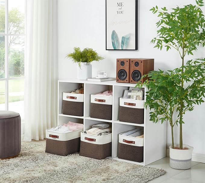 DECOMOMO Storage Bins, Extra Large Fabric Storage Baskets for Shelves, Decorative Linen Closet Organizer, 15.8 x 12.5 x 10 inches (Brown & White, 3 Pack)