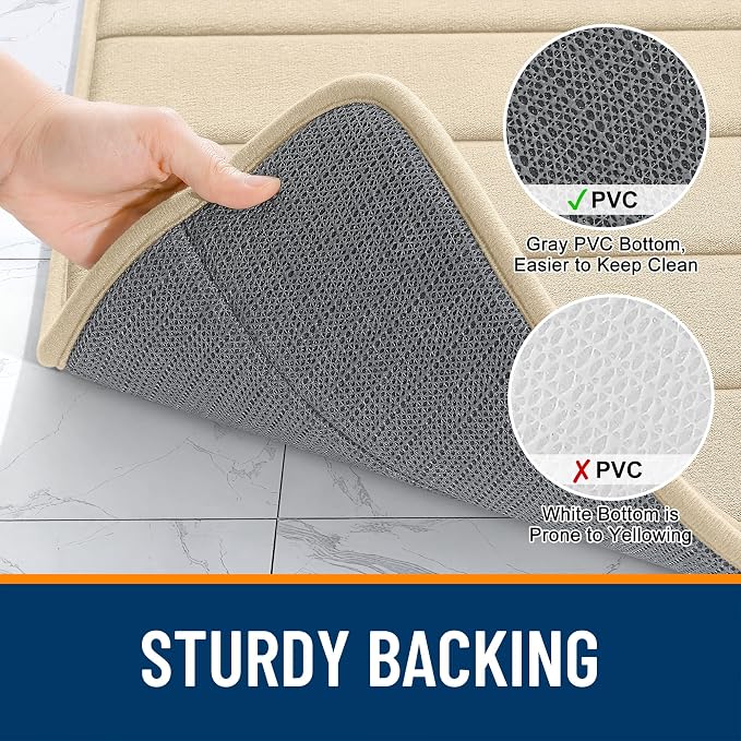 OLANLY Memory Foam Bath Mat 35x16, Super Soft and Absorbent Bathroom Rugs | Beige, Quick Dry Bath Rug, Machine Washable Shower Floor Mats, Bathmat Carpet for Bathroom Floor, Tub and Shower