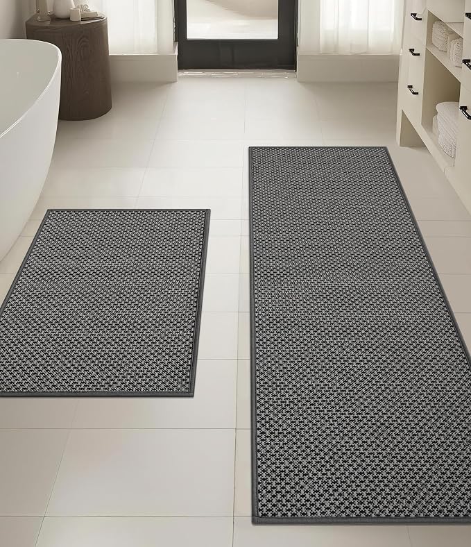 YIHOUSE Thin Bath Mat Dark Grey Bathroom Rugs Sets 2 Pieces, Non Slip Absorbent Mats Quick Dry, Woven Rugs Washable, Tapetes para Baño for Bathroom Toliet,Bathtub(17"x24"+17"x47")