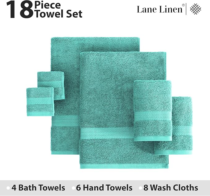 LANE LINEN Towel Set 18 Piece Soft Absorbent Quick Dry 100% Cotton - Teal | Dorm Towel Set - Terry Weave Comfort, Soft & Long-Lasting, Hotel-Style Look, Gets Softer With Every Wash, Machine Washable