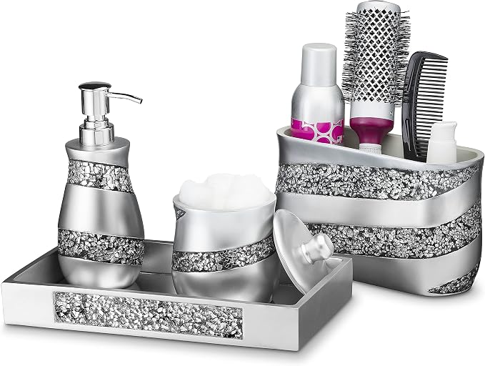 Creative Scents Silver Mosaic Qtip Holder for Bathroom - Decorative Cotton Ball Holder Jar - Durable Resin cotton Swab dispenser - Bathroom Accessories Vanity storage