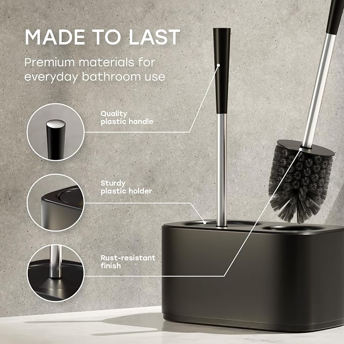 Toilet Bowl Brush and Plunger Combo Set with Holder – Silver | Heavy-duty 2-in-1 toilet plunger and bowl brush combo set with steel handles & plastic caddy in silver