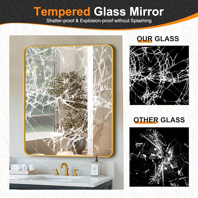 Delma Bathroom Vanity Mirror, Gold Framed Mirror for Over Sink, 36x30 | HD glass, distortion-free for makeup and grooming, Sturdy frame, all mounting hardware, hangs horizontal or vertical