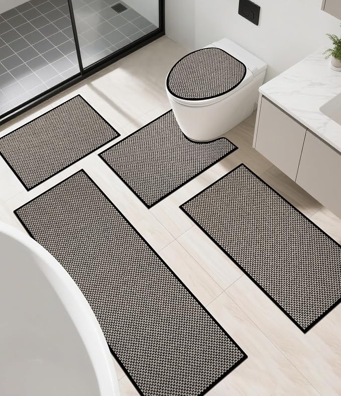 YIHOUSE Thin Bath Mat Black Bathroom Rugs Sets 5 Pieces, Non Slip Absorbent Bath Mats Quick Dry, Woven Braided Rugs Washable, Bathroom Toliet,Bathtub