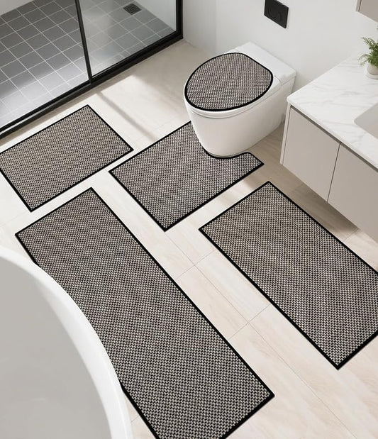 YIHOUSE Thin Bath Mat Black Bathroom Rugs Sets 5 Pieces, Non Slip Absorbent Bath Mats Quick Dry, Woven Braided Rugs Washable, Bathroom Toliet,Bathtub
